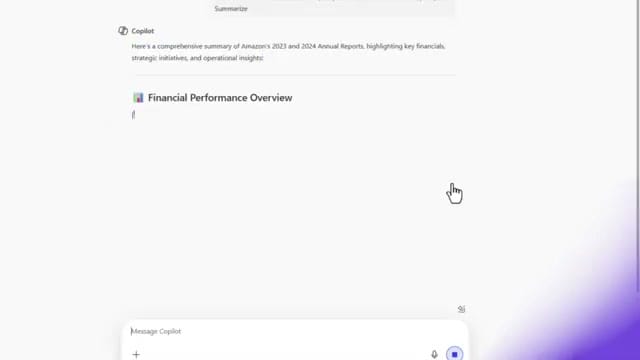 Copilot Chat generating a Financial Performance Overview summary from uploaded documents