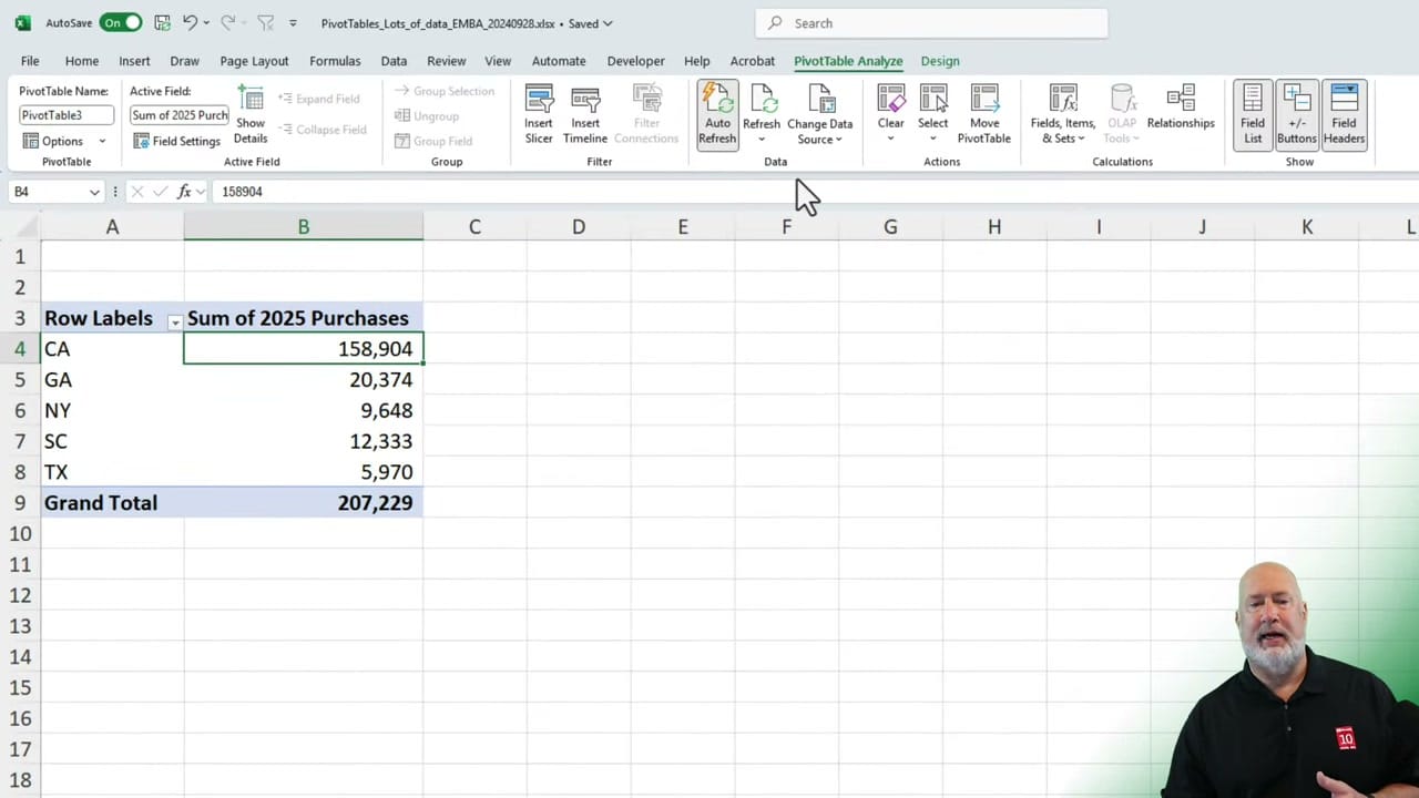 PivotTable Analyze ribbon showing the Auto Refresh button in the Data group