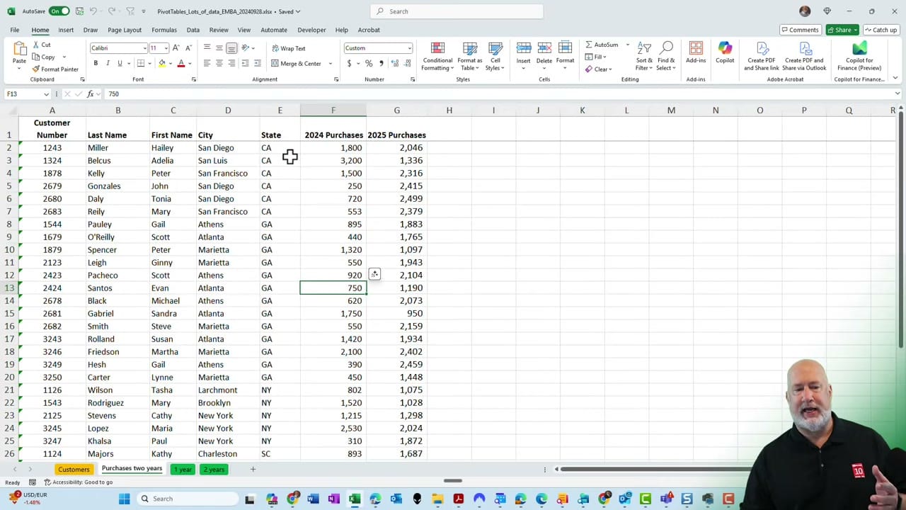 Excel spreadsheet showing customer purchase data with columns for Customer Number, Last Name, First Name, City, State, 2024 Purchases, and 2025 Purchases