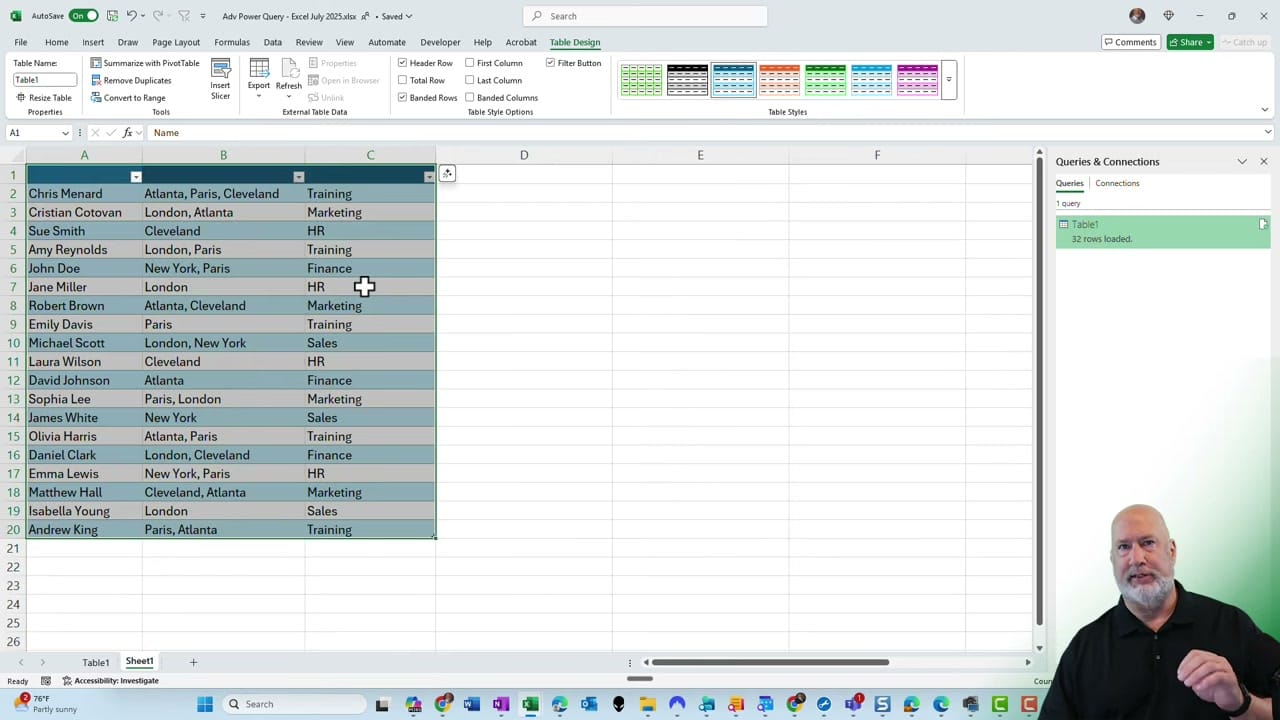 Final Excel table with Queries and Connections panel showing 32 rows loaded from the Power Query transformation