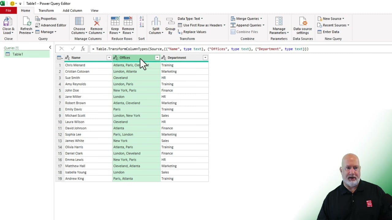 Power Query Editor showing the employee data table loaded with the Offices column containing comma-separated values