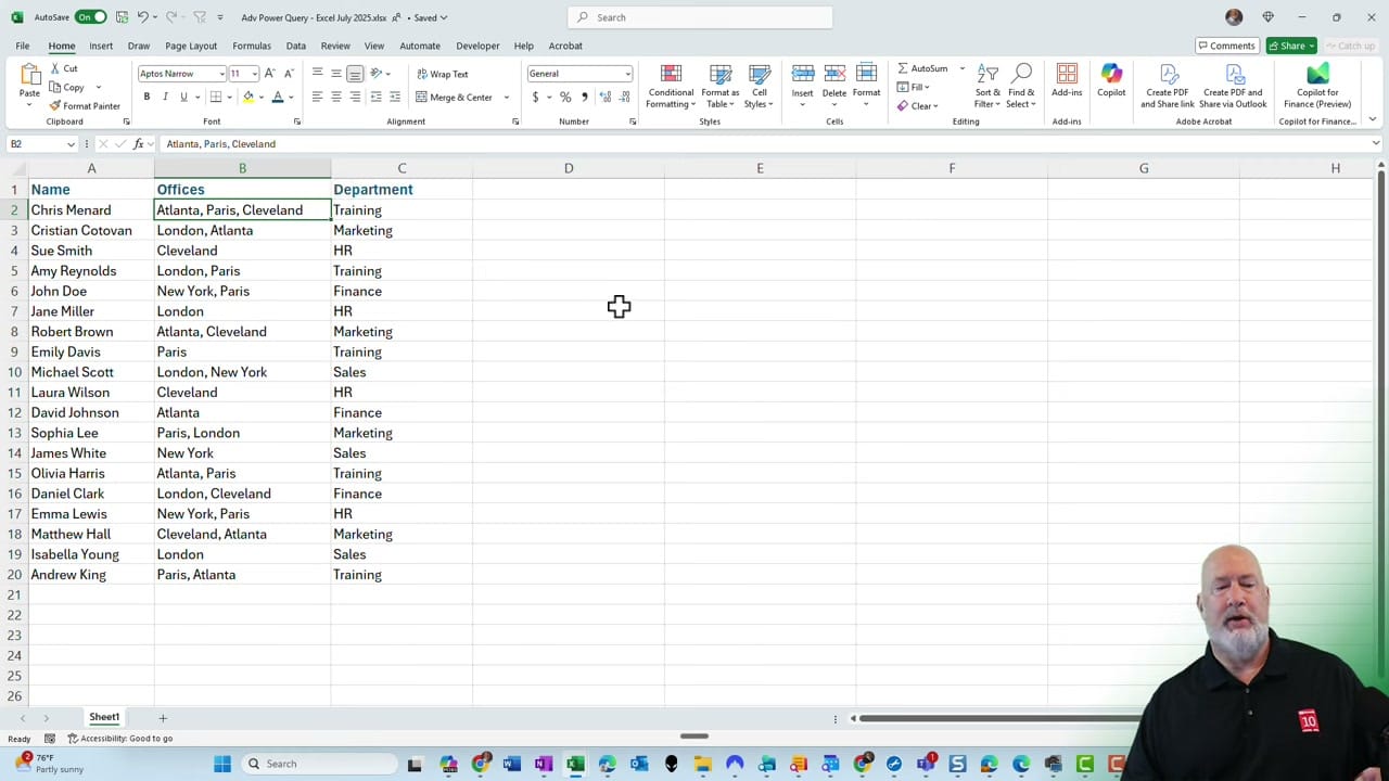 Excel spreadsheet with employee data showing multiple offices separated by commas in the Offices column