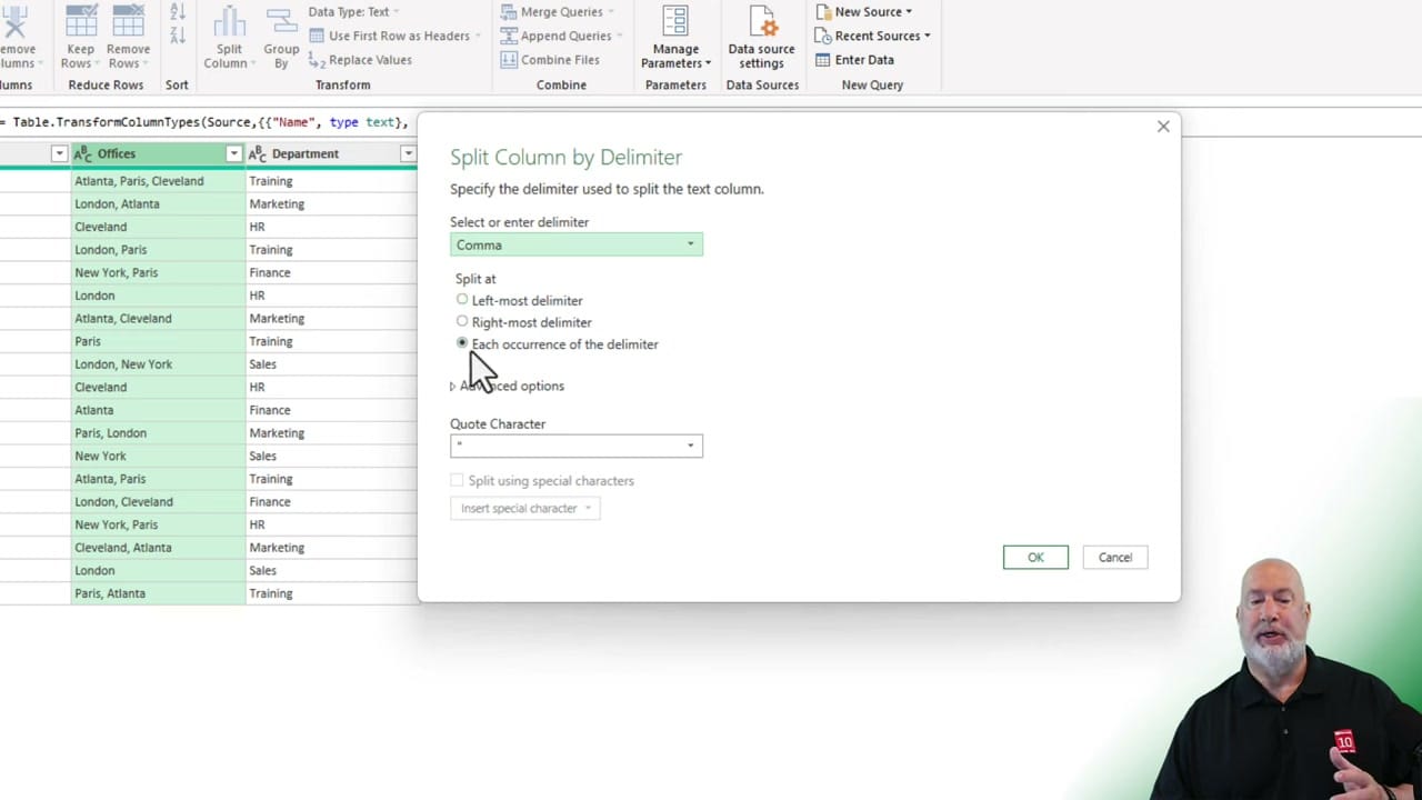 Split Column by Delimiter dialog in Power Query showing Comma selected and Each occurrence of the delimiter option