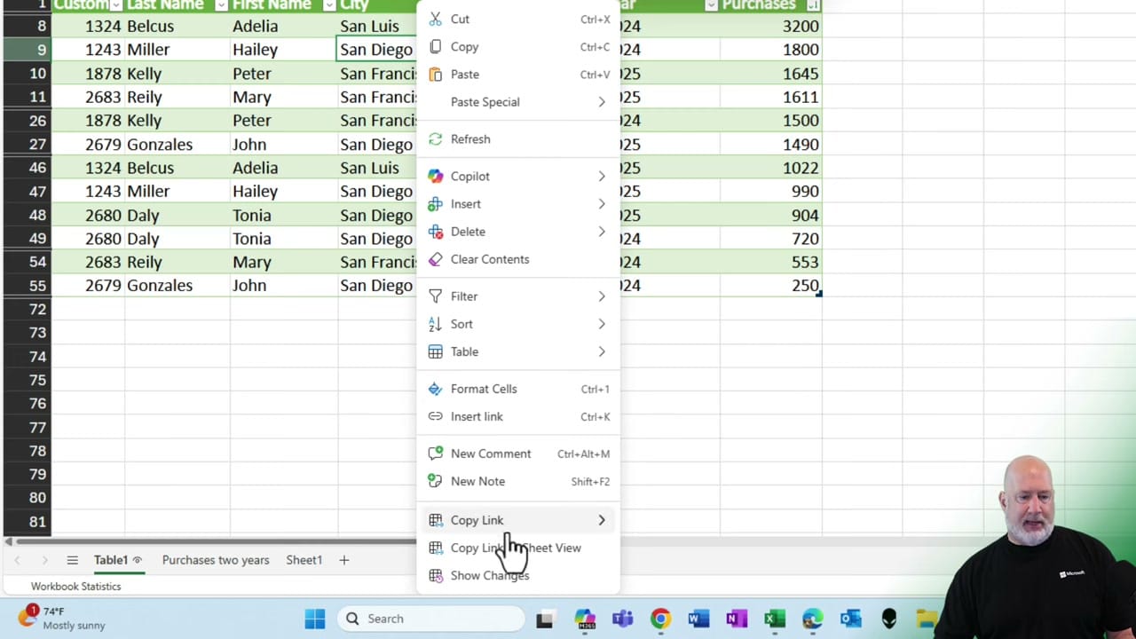 Right-click context menu in Excel showing the Copy Link to Sheet View option at the bottom