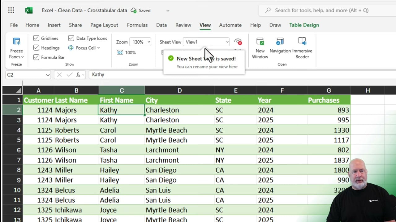 Excel showing the New Sheet View created notification with Sheet View dropdown showing View1 in the ribbon