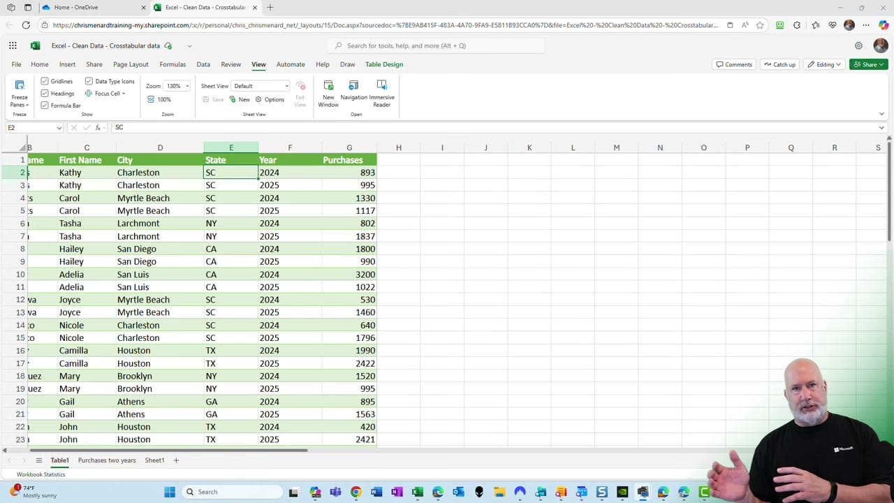 Excel for the web showing customer purchase data table with View tab ribbon visible and Sheet View options