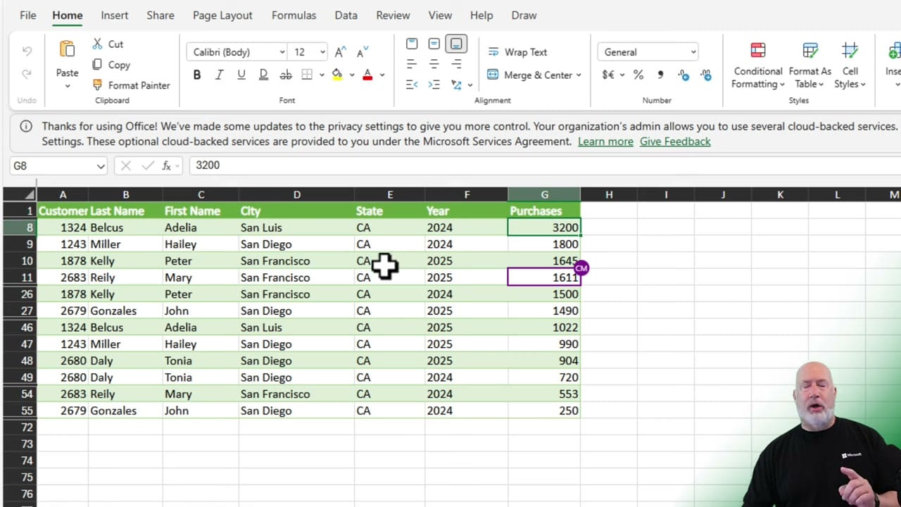Excel desktop showing filtered data with only CA state records visible in the Sheet View