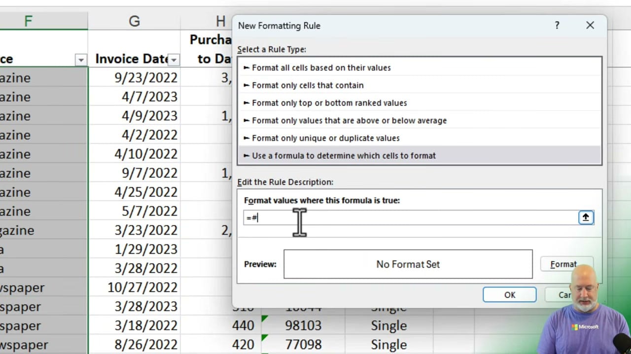 New Formatting Rule dialog in Excel with the formula =# entered and Use a formula to determine which cells to format selected