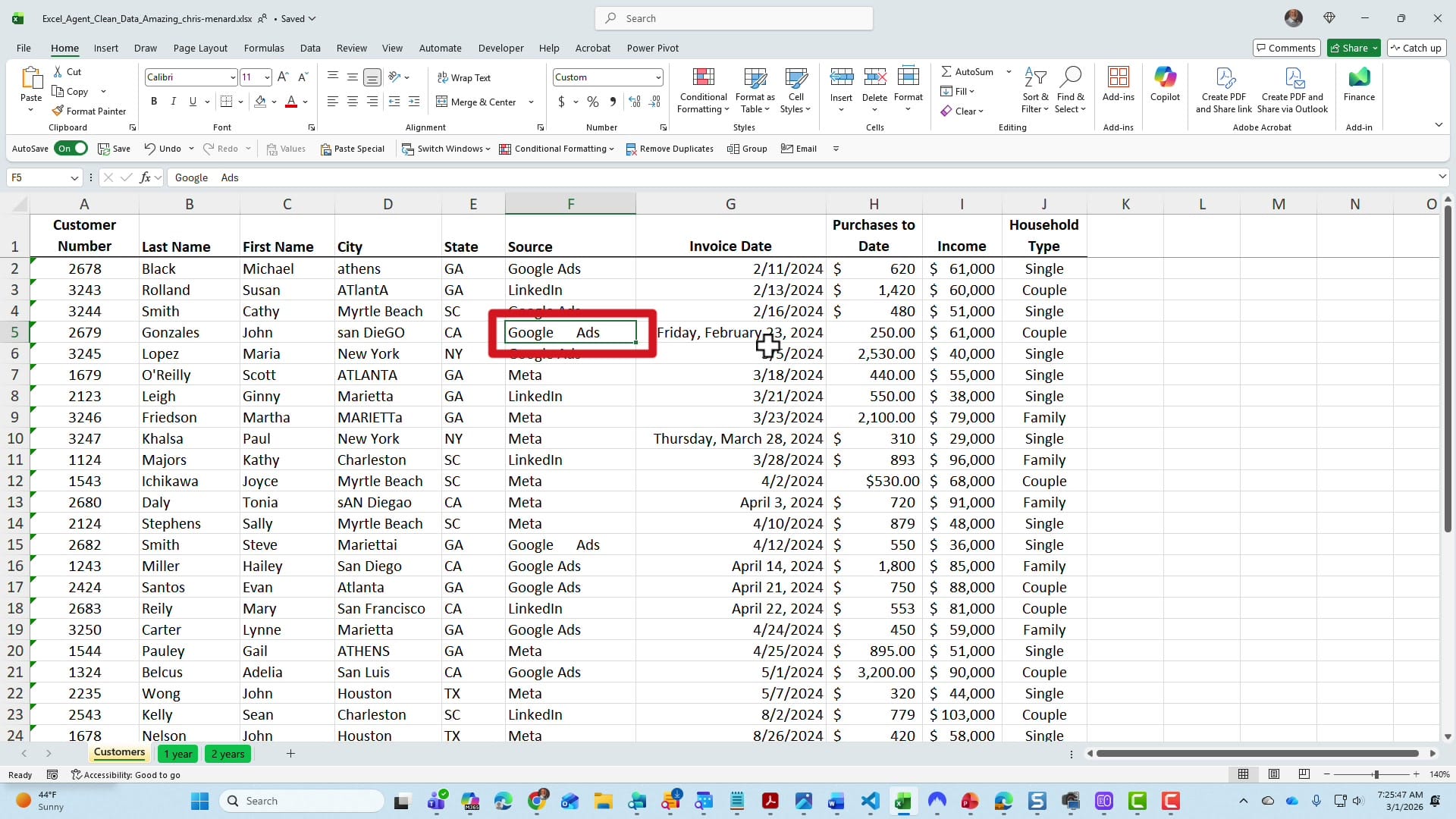 Excel spreadsheet with the Source column highlighted showing extra spaces in Google Ads and LinkedIn