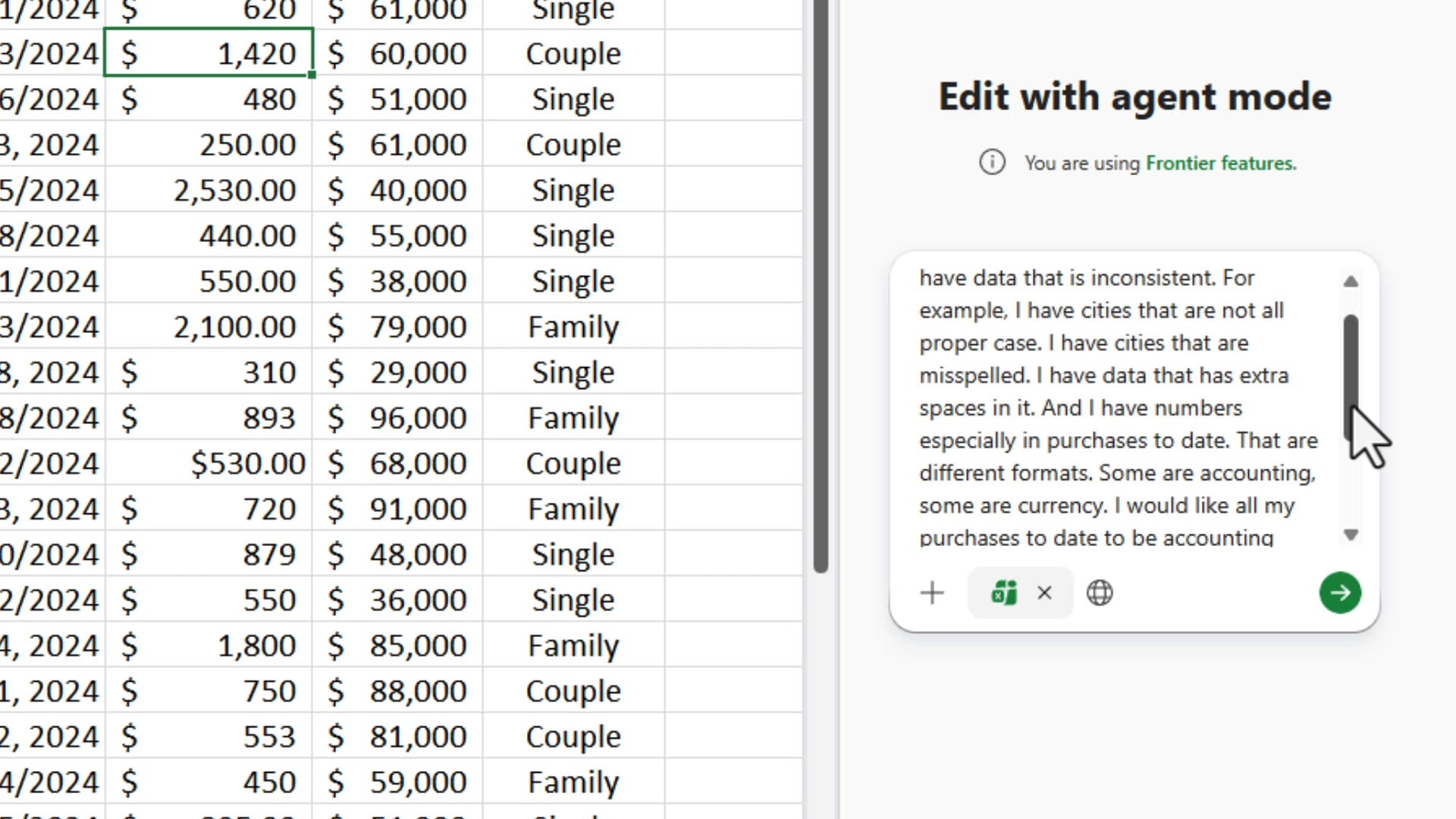 Agent Mode prompt in the Copilot pane describing all the data cleaning tasks