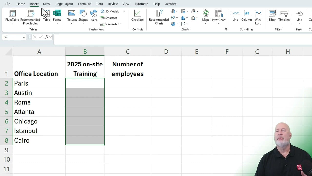 Excel Insert tab showing the Checkbox button in the Controls group