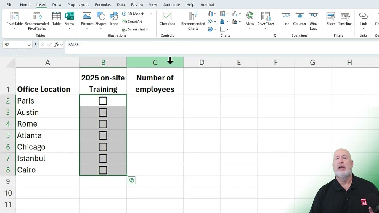 Checkboxes inserted in Excel cells with FALSE values in the formula bar