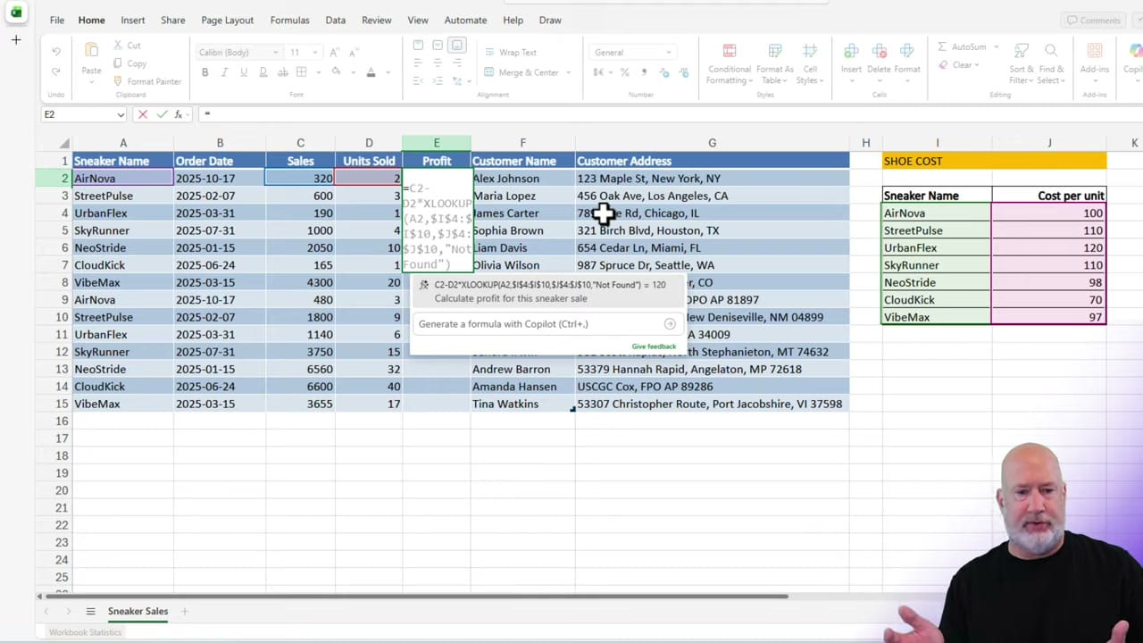 Excel Copilot formula completion popup showing a suggested XLOOKUP formula