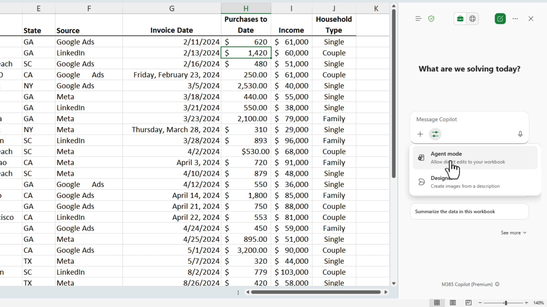 Copilot pane in Excel showing the Tools menu with Agent Mode option highlighted