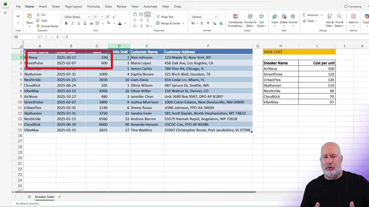 Excel spreadsheet with sneaker sales data and a SHOE COST lookup table highlighted in red