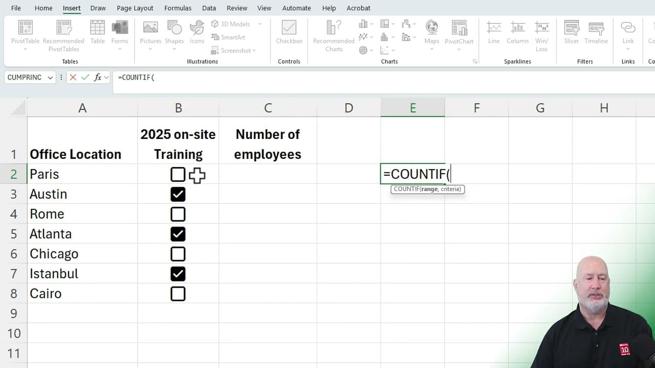 COUNTIF formula being entered to count checked checkboxes in Excel