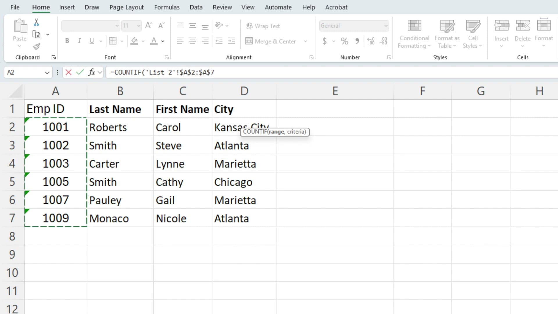 List 2 worksheet showing Emp IDs 1001, 1002, 1003, 1005, 1007, 1009 in column A with dashed selection border, and COUNTIF syntax tooltip visible