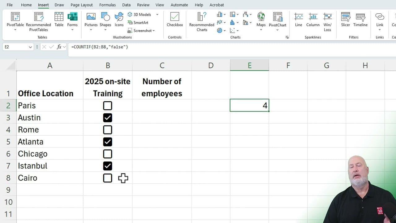 COUNTIF formula result showing 4 unchecked checkboxes
