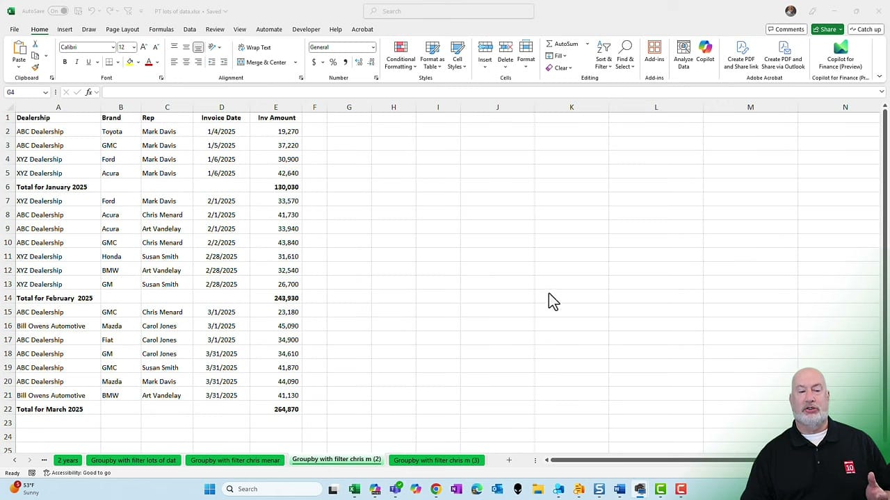 Excel spreadsheet with sales data containing manually inserted total rows for each month