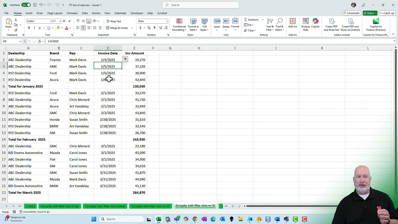 Excel data showing the original dataset with manual total rows visible