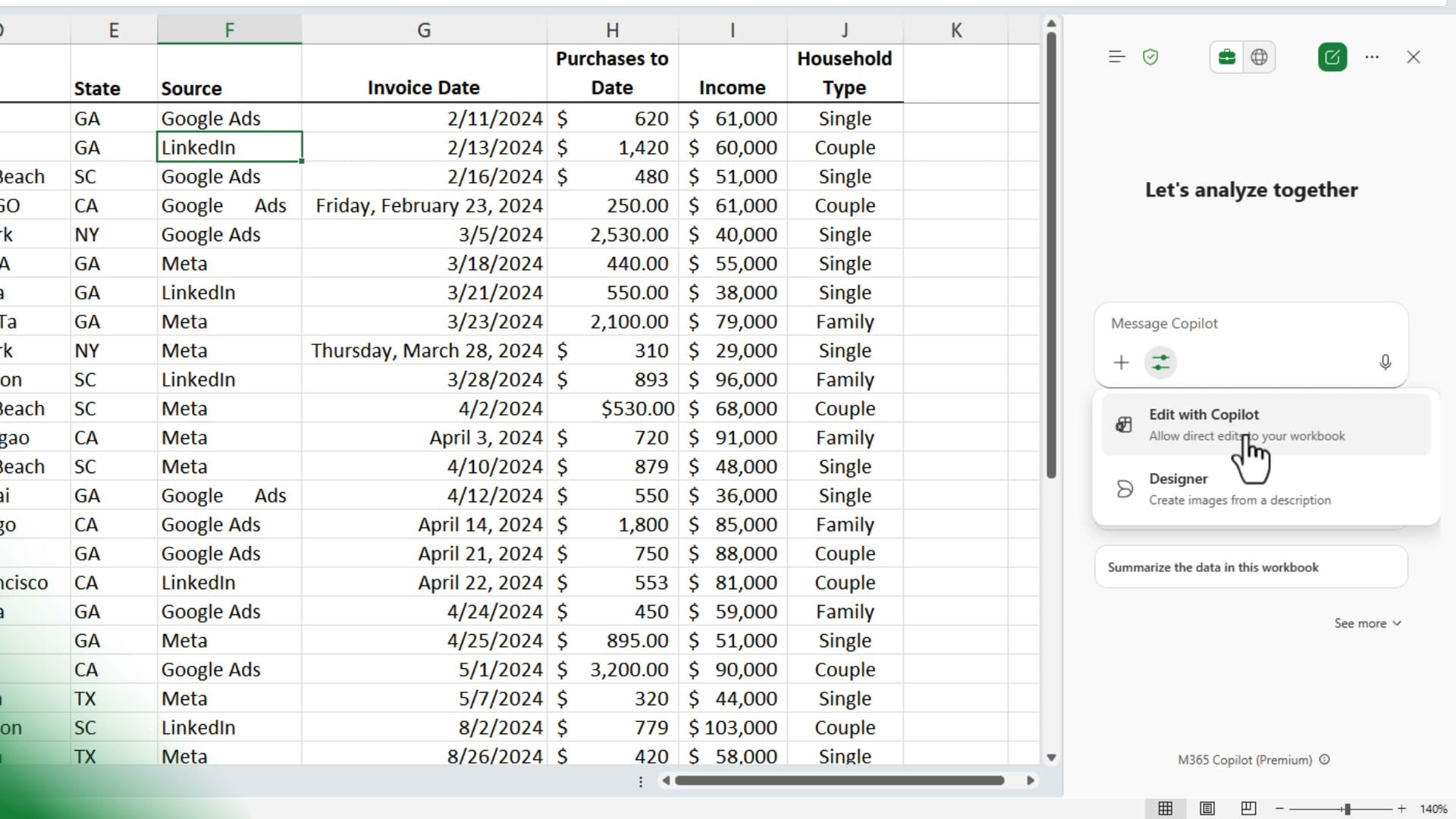 Copilot pane in Excel showing Edit with Copilot option that allows direct edits to workbook