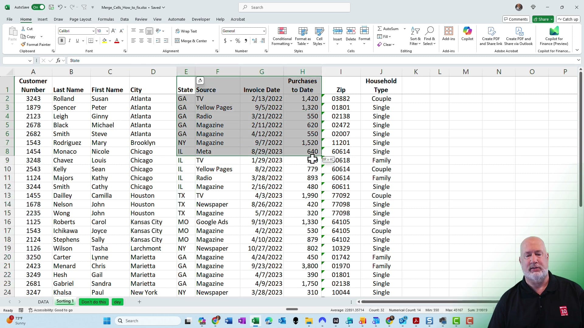 Excel Find and Replace dialog with Format options showing Merge cells checkbox
