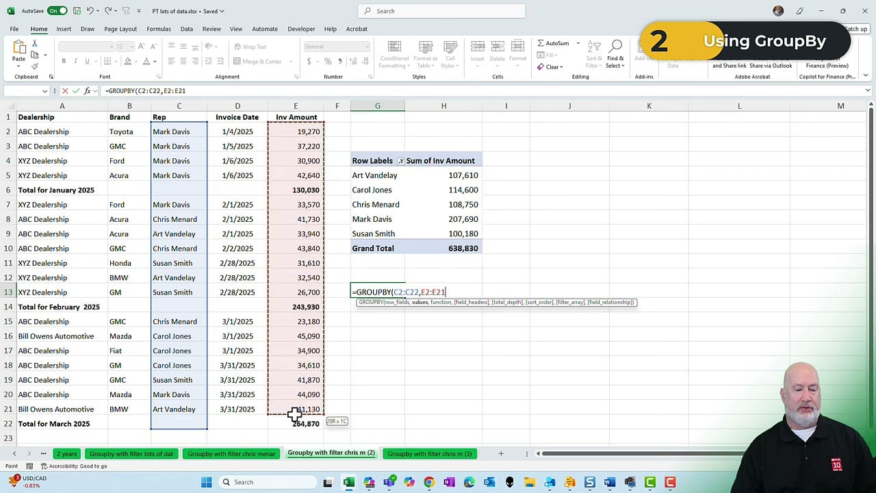 GROUPBY formula entered in Excel with PivotTable results visible showing rep totals