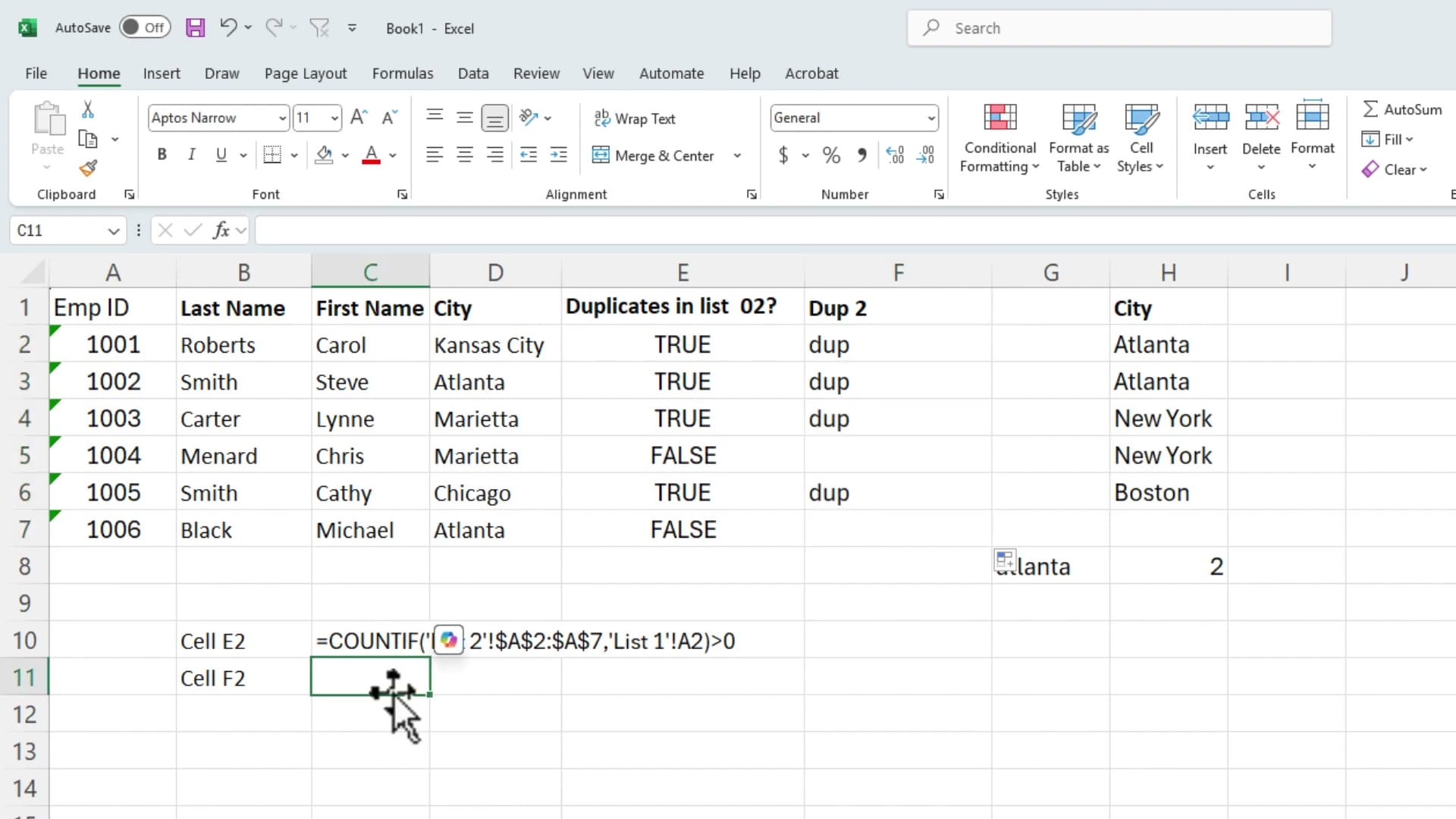 Excel showing column F with 'dup' labels for matching rows (1001, 1002, 1003, 1005) and blank for non-matches, with the COUNTIF formula displayed in cell B10 using FORMULATEXT