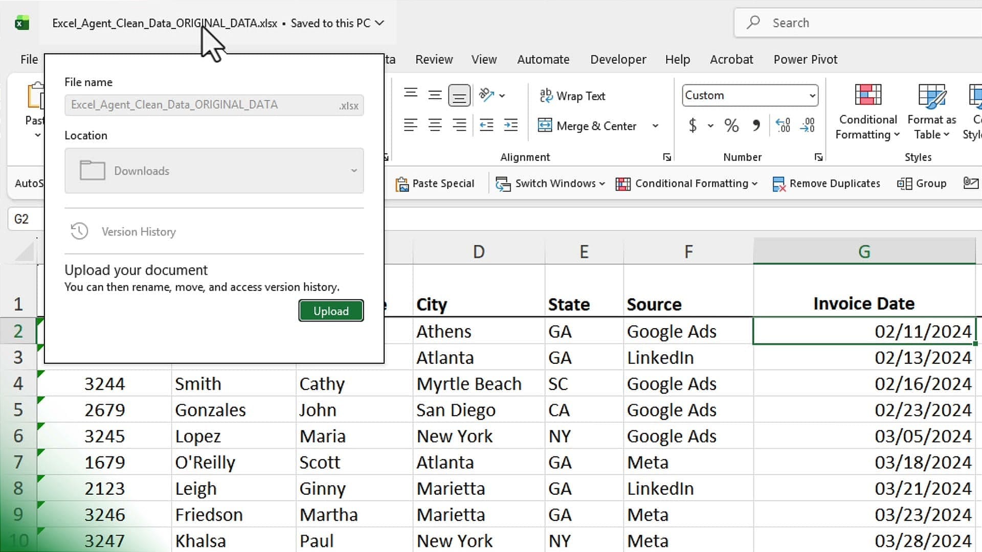 Excel Save dialog showing file saved to Downloads folder locally, not OneDrive or SharePoint