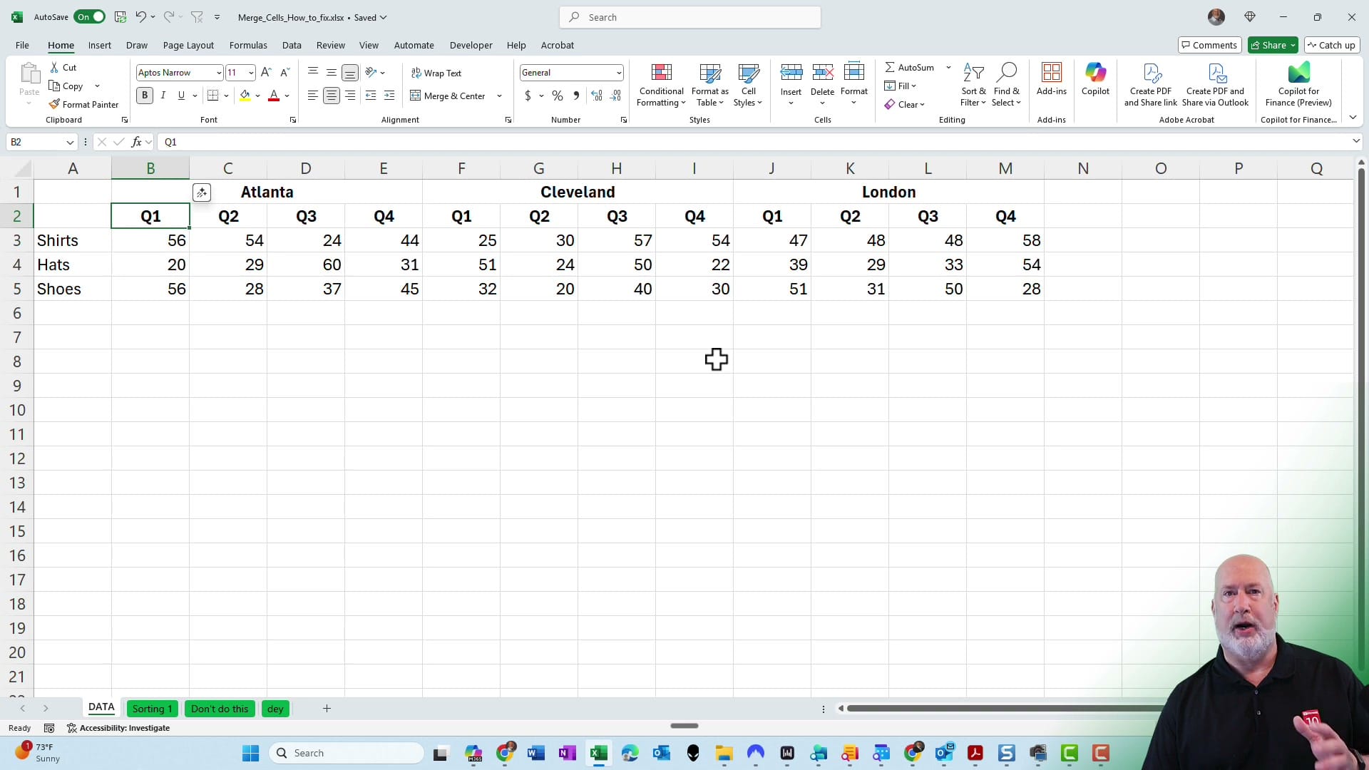 Excel spreadsheet with quarterly sales data for Atlanta, Cleveland, and London using merged cells for city headers