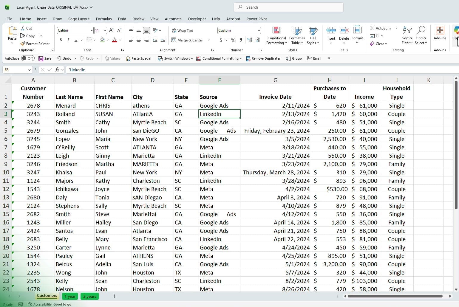 Excel spreadsheet with messy data including uppercase names, inconsistent date formats, extra spaces, and misspelled words