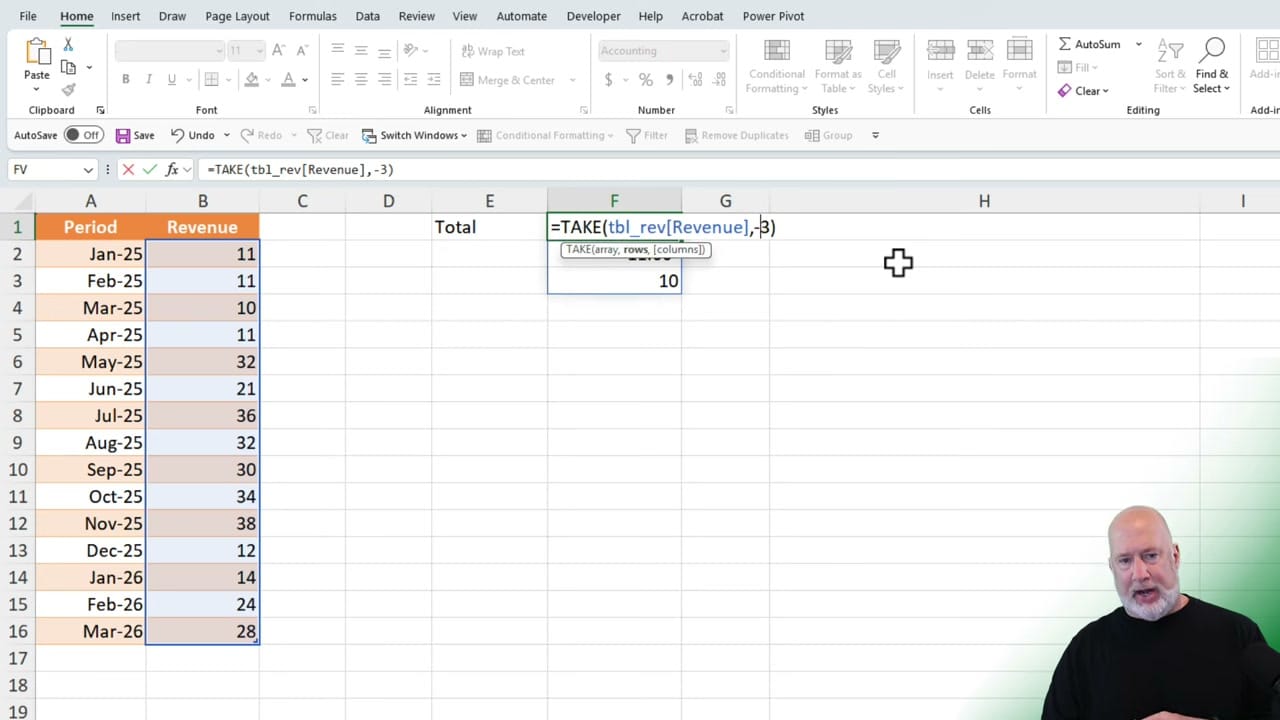Excel formula bar showing =TAKE(tbl_rev[Revenue],-3) with tooltip explanation