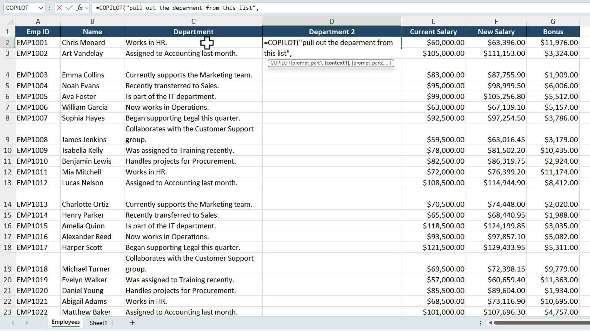 COPILOT function formula to extract departments from sentence text