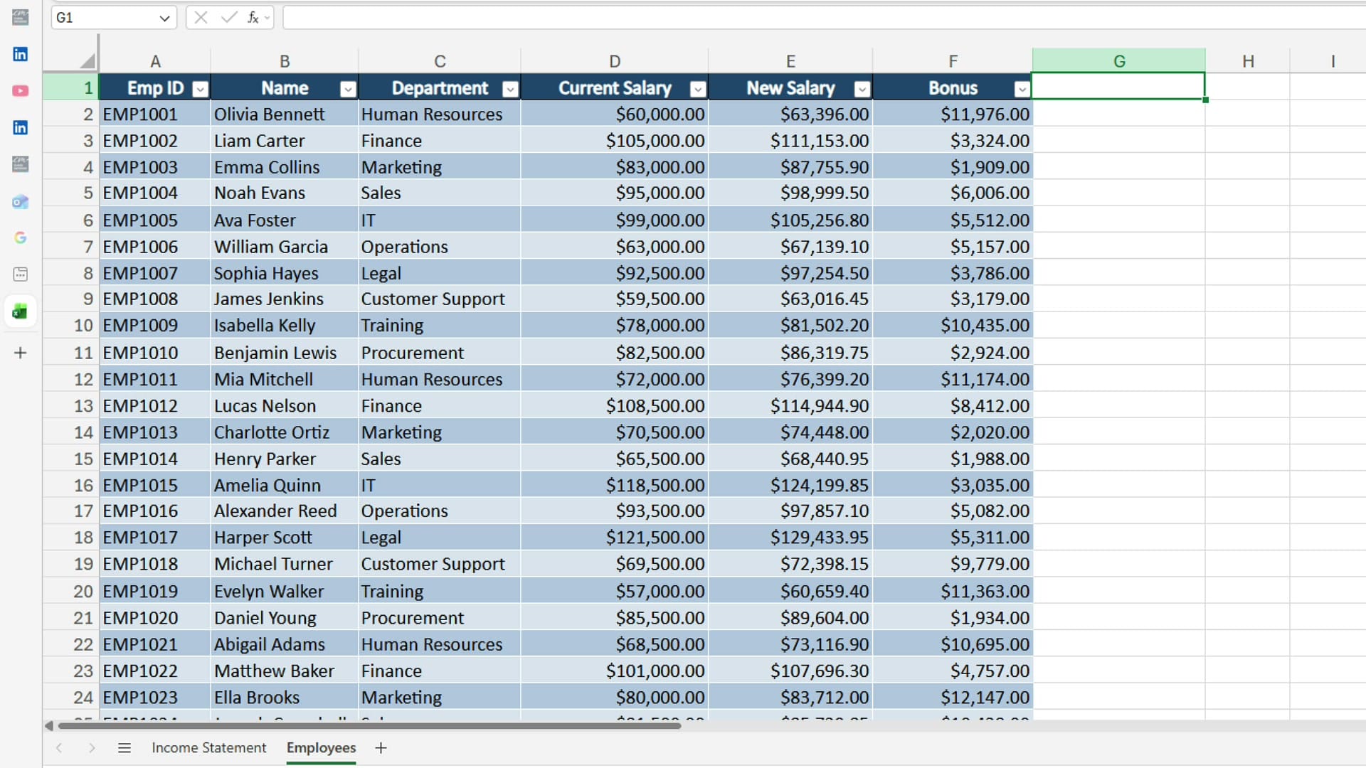 Clean employee table with departments correctly extracted by Copilot
