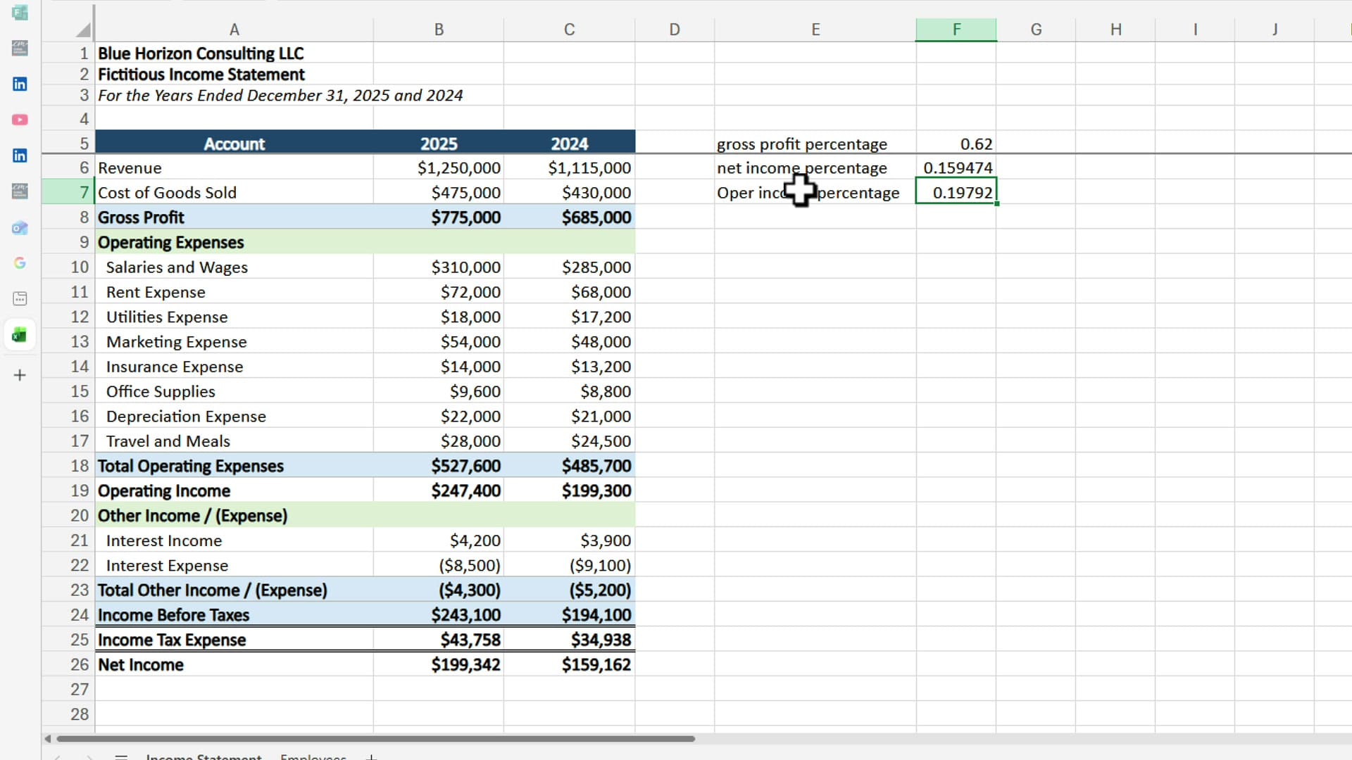 All three financial percentages calculated using Formula Completion