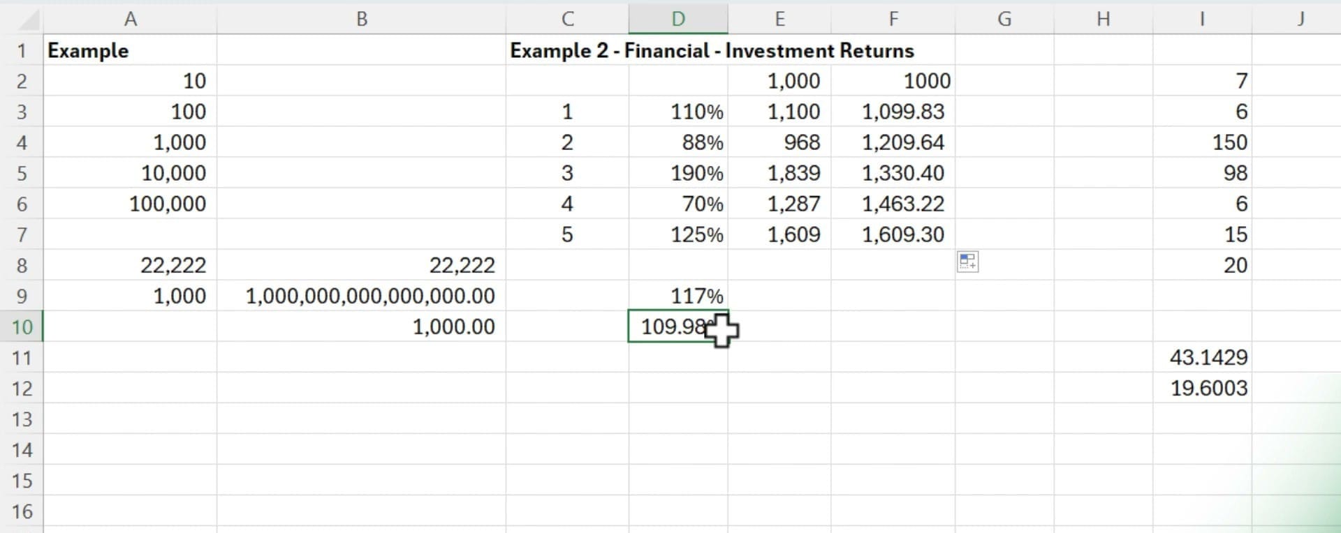 Excel showing columns E (actual investment: 1000, 1100, 968, 1839, 1287, 1609) and F (geometric growth: 1000, 1099.83, 1209.64, 1330.40, 1463.22, 1609.30) arriving at the same final value