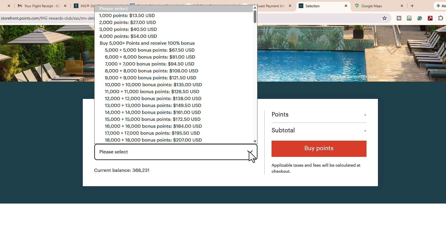 IHG Buy Points page showing bonus point promotions