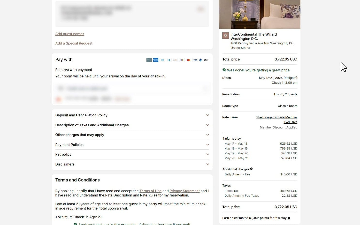 IHG booking page showing cash price of $3,722.05 for four nights