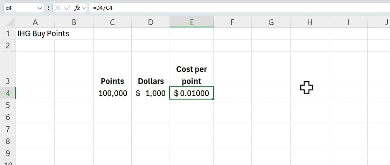 Excel showing IHG points cost per point calculation at $0.01