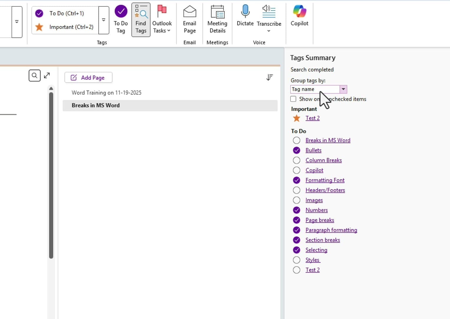 OneNote Tags Summary pane showing search results grouped by Tag name with Important and To Do categories
