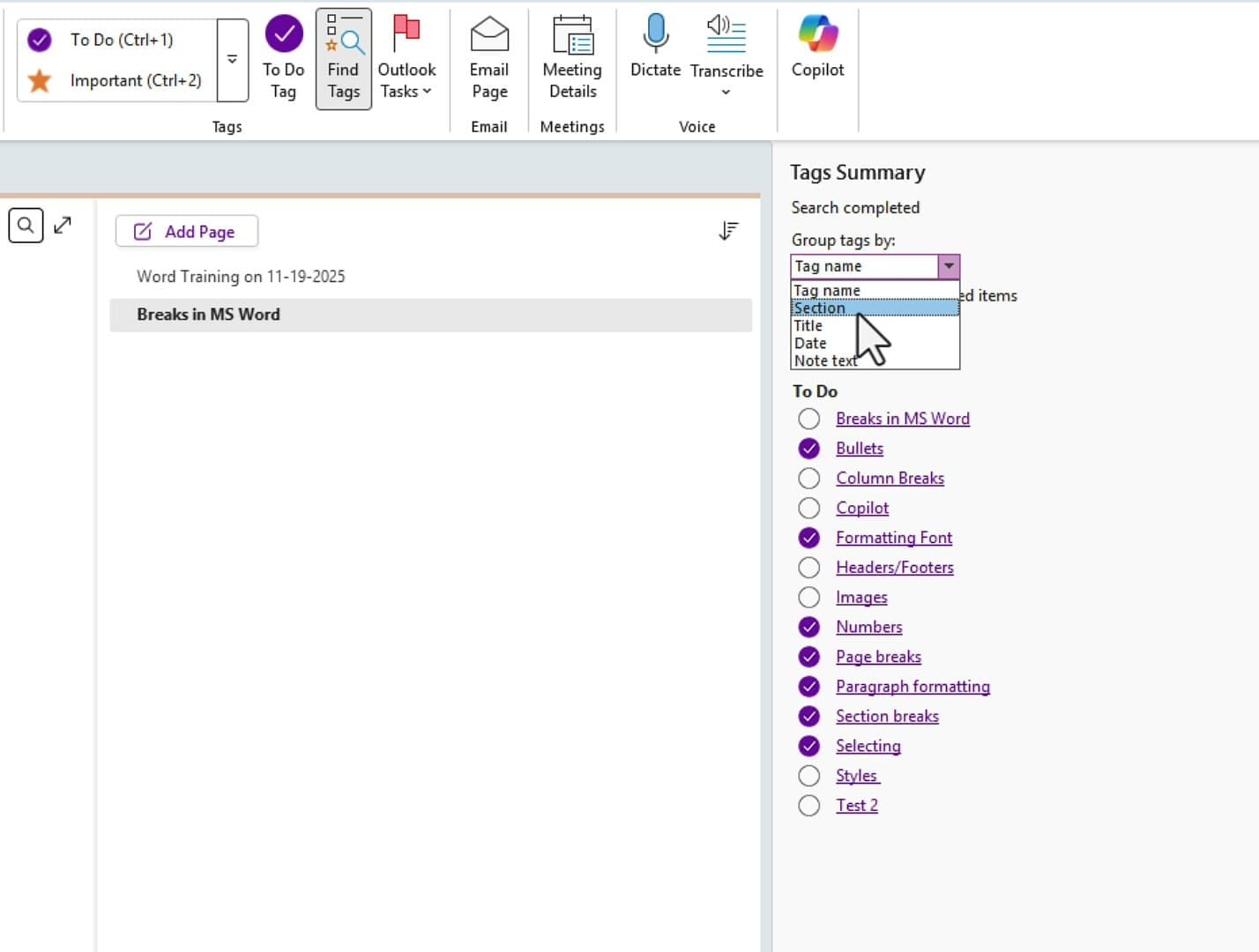 OneNote Tags Summary Group tags by dropdown showing options: Tag name, Section, Title, Date, Note text