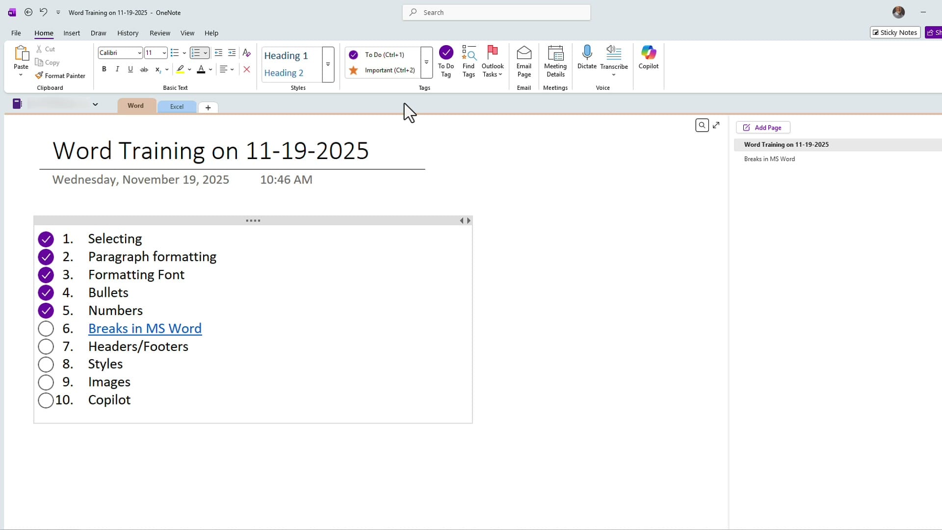 OneNote Home tab ribbon showing the Tags group with To Do and Important tags