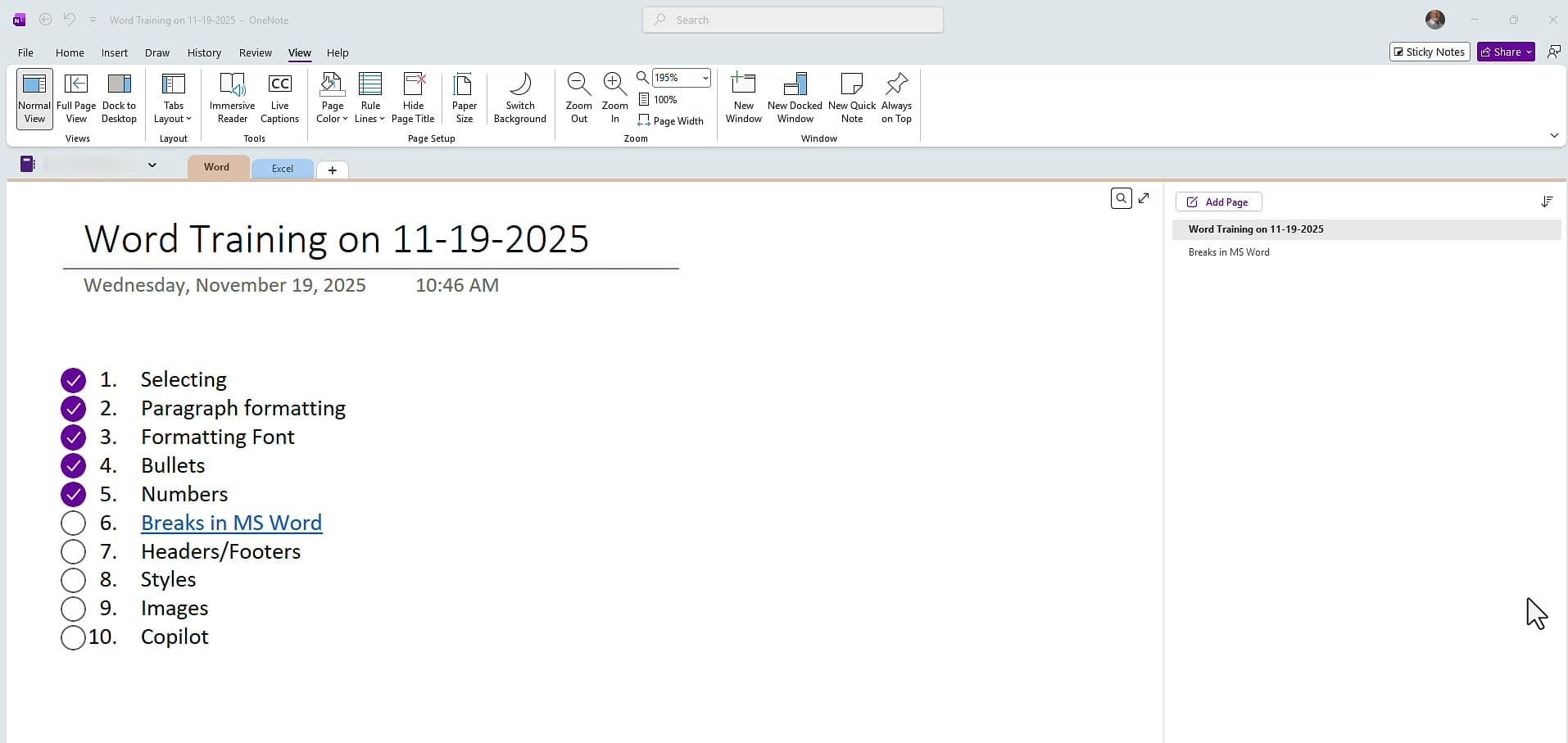 OneNote notebook with Word and Excel sections showing pages with To Do tag checkboxes