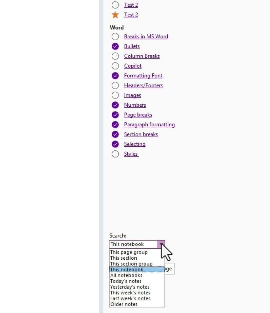OneNote Tags Summary Search dropdown showing options: This notebook, This page group, This section, This section group, All notebooks, Today's notes, Yesterday's notes, This week's notes, Last week's notes, Older notes