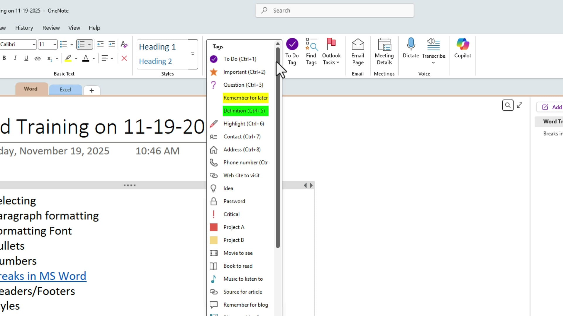 OneNote Tags dropdown menu showing all available tags including To Do, Important, Question, and custom tags