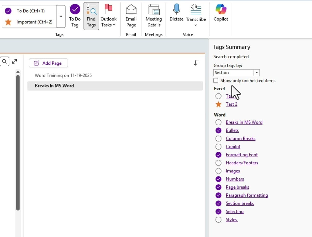OneNote Tags Summary grouped by Section showing Excel and Word sections with their respective tagged items