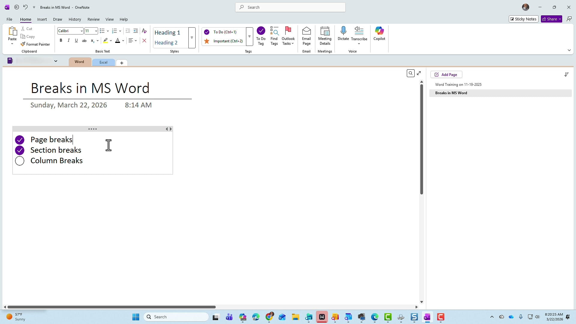 OneNote page showing Breaks in MS Word with Page breaks and Section breaks checked off as completed To Do items