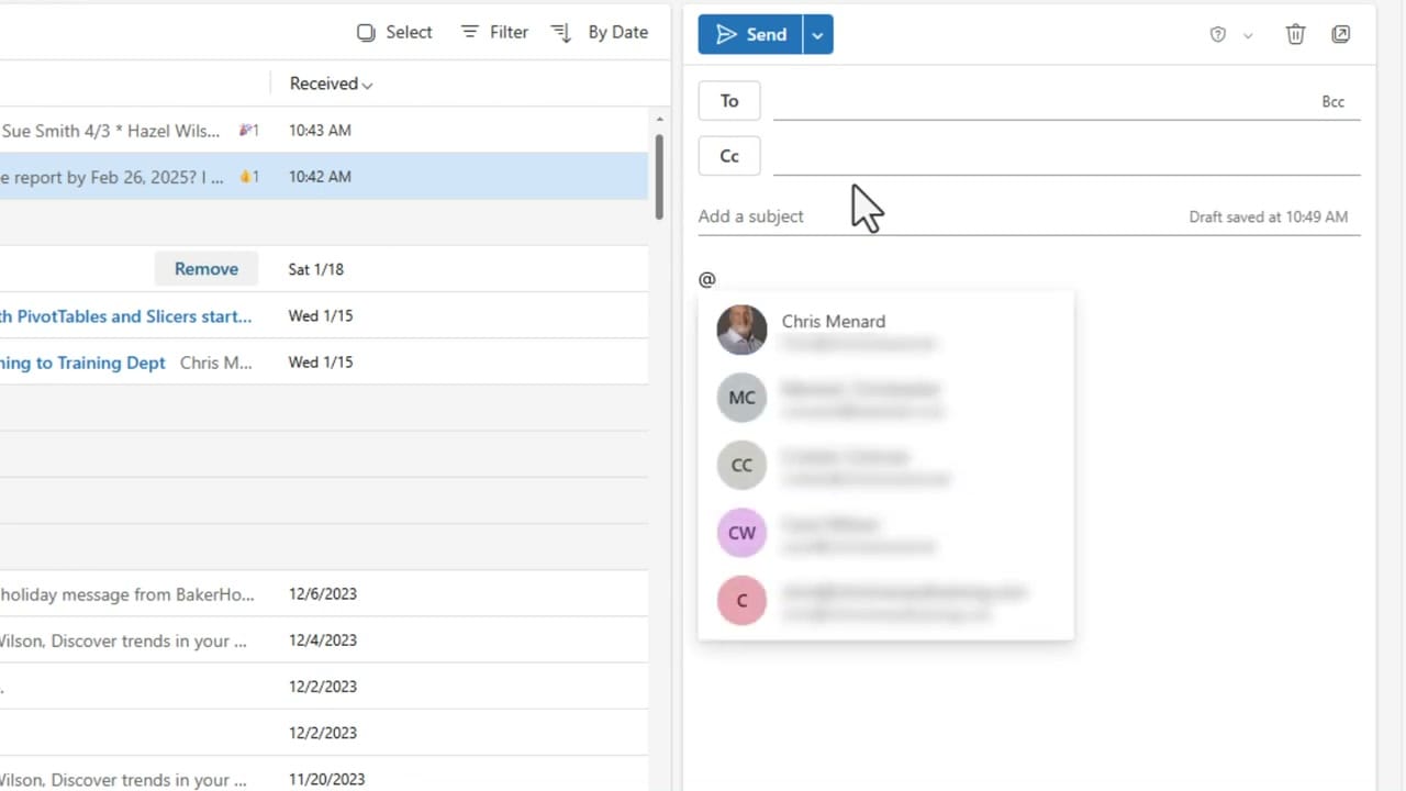 Outlook email compose window with @ mention dropdown showing suggested contacts