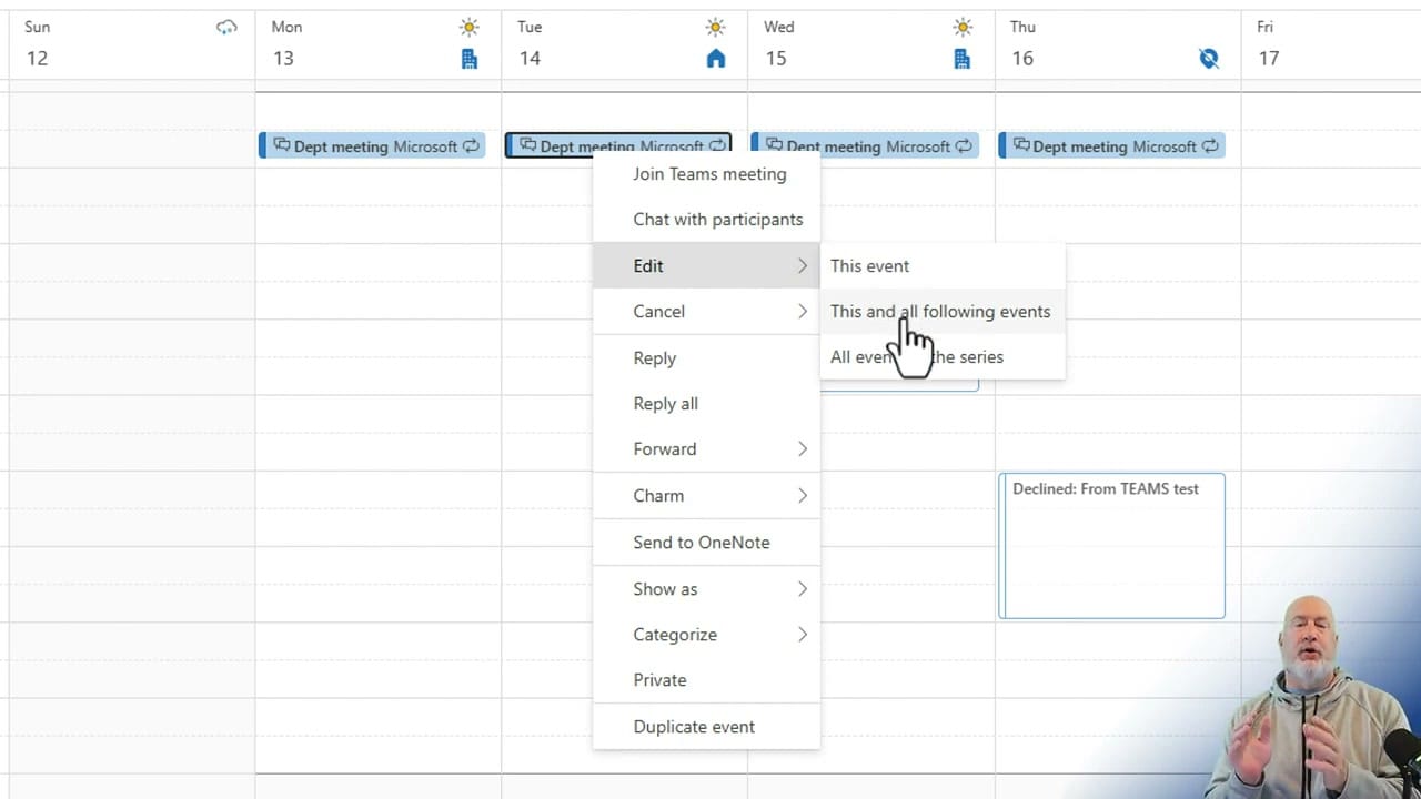 Outlook recurring meeting context menu showing This and all following events option