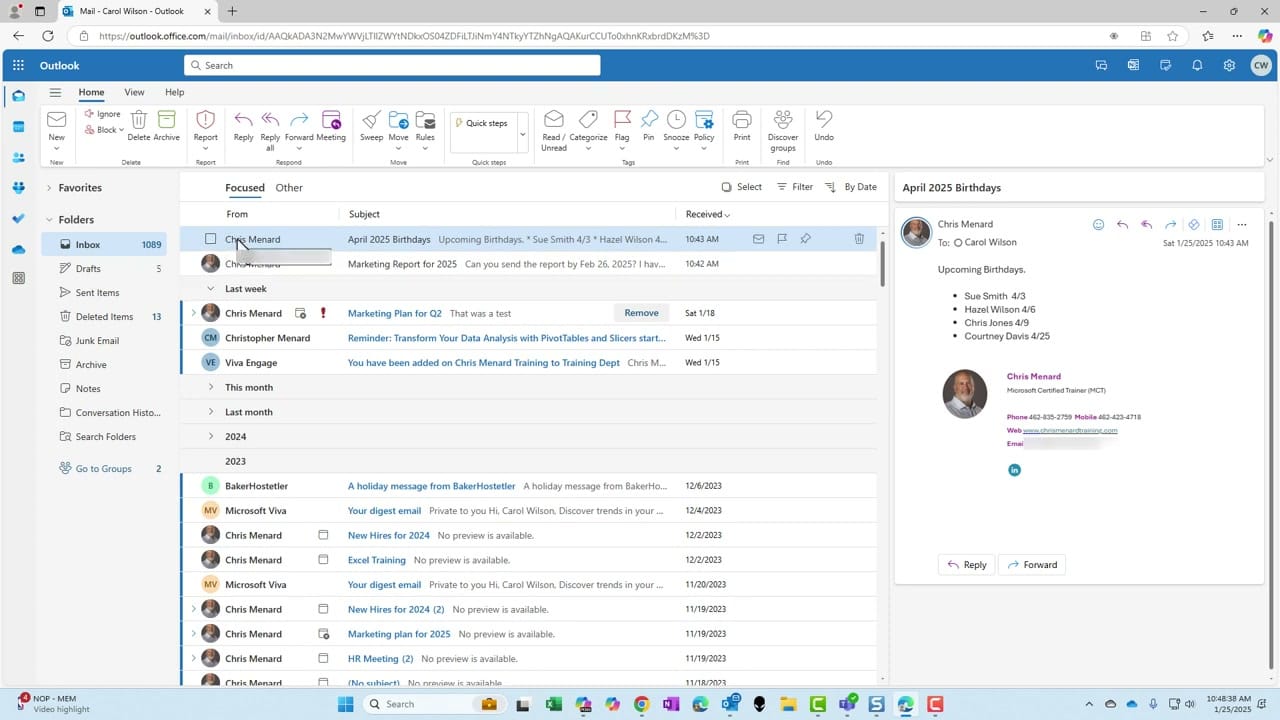 Outlook inbox showing an email with emoji reactions visible in the message list